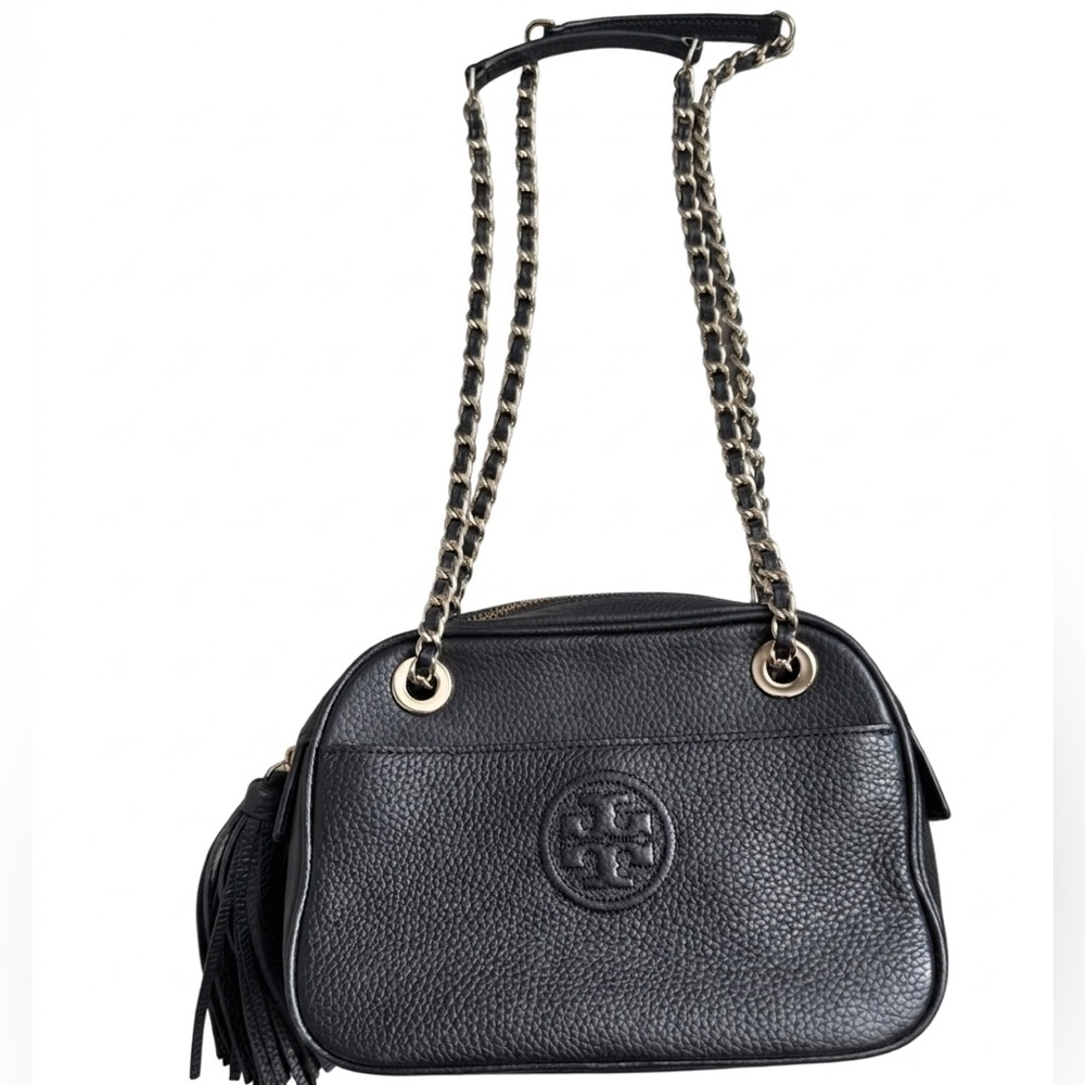 Tory Burch Bombe Adjustable Chain Black Pebbled Leather Crossbody Bag